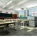 School Classroom Interior With Rows Of Desks Chairs Bright Windows Ceiling Fans And Blackboard
