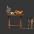 Wooden Dining Table With Food Platters Bottles And Decorative Items On Patterned Rug