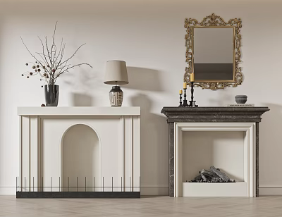 White And Dark Fireplaces Home Interior With Vase Table Lamp Decorative Mirror Candles And Firewood 3d model