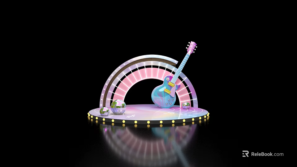 Decorative Stage With Arched Pink White Structure Blue Guitar String Lights And Reflective Base 3d model