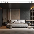 Modern Bedroom Interior With Wooden Accent Wall Bed Bedside Table Armchair And Bookshelf