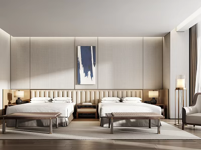 Modern Hotel Guest Room With Two Double Beds Bedside Tables Lamps And Blue White Abstract Painting 3d model