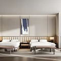 Modern Hotel Guest Room With Two Double Beds Bedside Tables Lamps And Blue White Abstract Painting