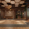 Modern Living Dining Room Interior Design With Hexagonal Ceiling Sofa Plants And Wooden Flooring