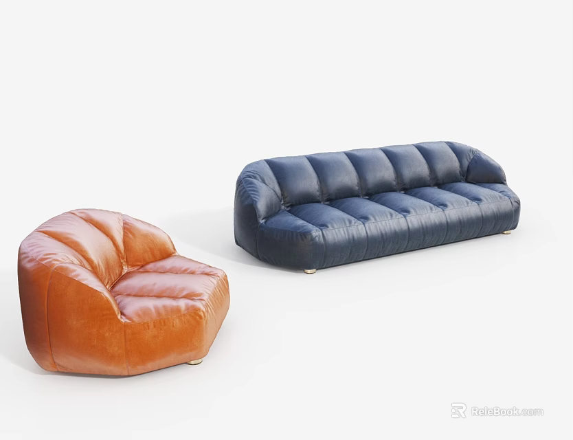 Modern Leather Sofa Set With Orange Single Sofa And Navy Blue Three Seater Sofa 3d model