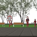 Firefighter Themed Outdoor Photo Check In Spot With Figures Red Hydrant Benches And Trees