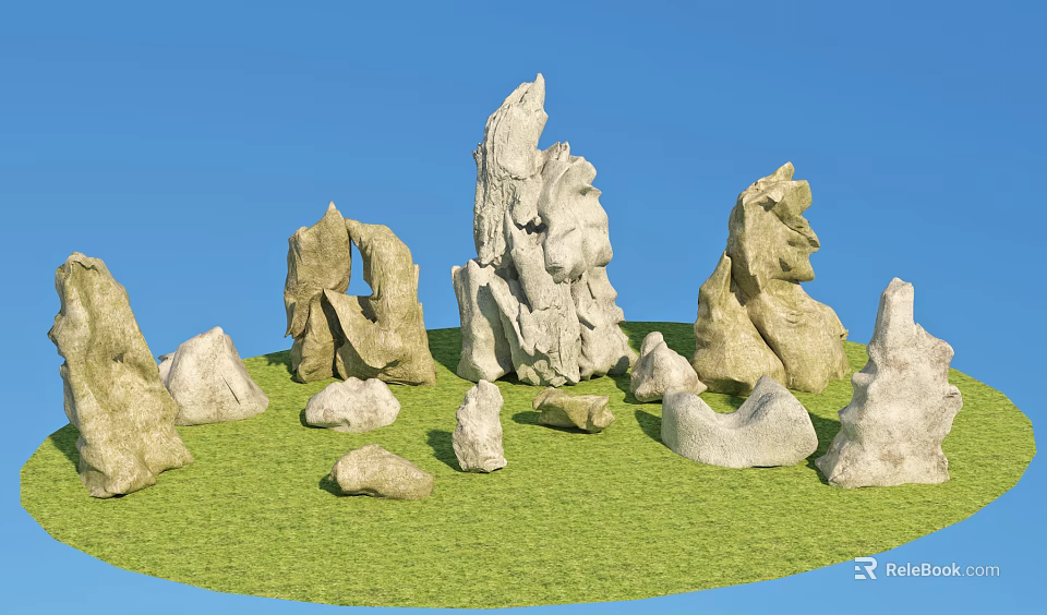 Various Stone and Wood Structures on Green Grass Under Blue Sky 3d model