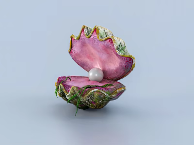 Elegant Pearl Jewelry Piece In Open Hand Painted Shell With Vibrant Hues 3d model