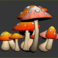 Colorful Edible Mushrooms with Red Orange Caps and White Spots in 3D Rendered Food Illustration