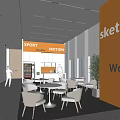 Modern Open Break Room With Tables Chairs Drink Machine Cabinets Orange Pillar And Green Plant