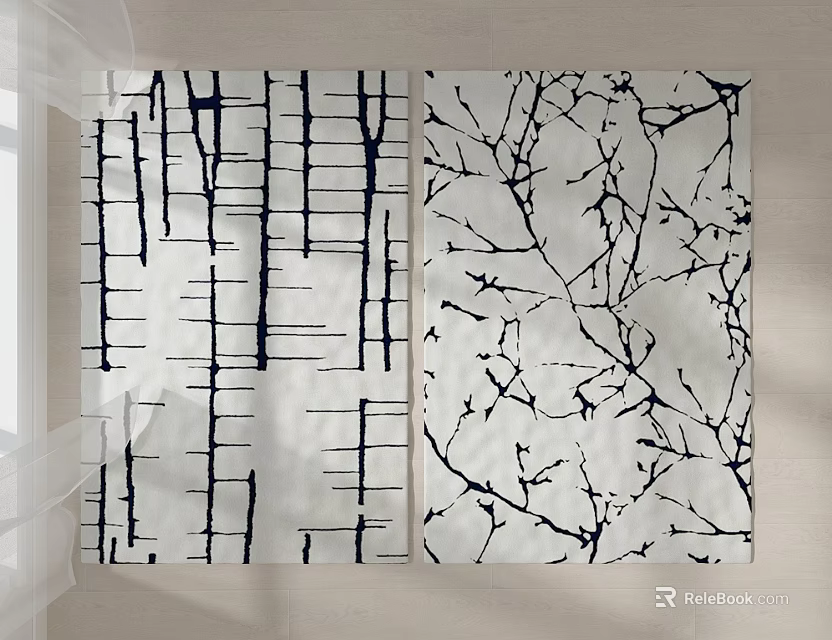 Modern Square Rug With Vertical Line And Tree Branch Black White Pattern Design 3d model 