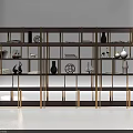 Modern Decorative Cabinet With Gold Frame And Multi Layer Shelves Displaying Vases Sculptures And Plates