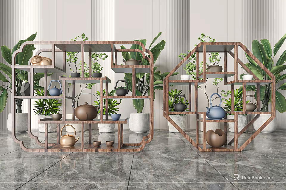 Charming Garden Ornaments Arranged On Wooden Racks With Green Plants And Ceramic Teapots 3d model 