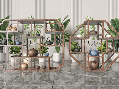 Charming Garden Ornaments Arranged On Wooden Racks With Green Plants And Ceramic Teapots 3d model