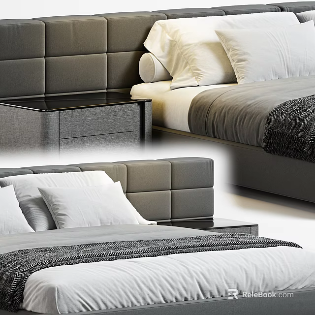 Modern Double Bed With Tufted Gray Headboard White Pillows And Dark Nightstand 3d model 