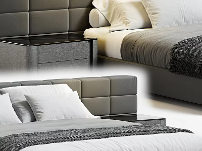 Modern Double Bed With Tufted Gray Headboard White Pillows And Dark Nightstand 3d model