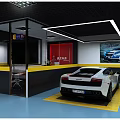 4S Car Dealership Showroom With White Sports Car On Yellow Blue Floor And Car Poster