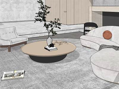 Modern Light Colored Sofa Coffee Table Set With Round Table Decorative Plants And Magazines 3d model