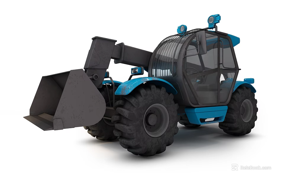 Blue Utility Vehicle Featuring Loader Bucket Large Tires Cab And Roof Lights 3d model 