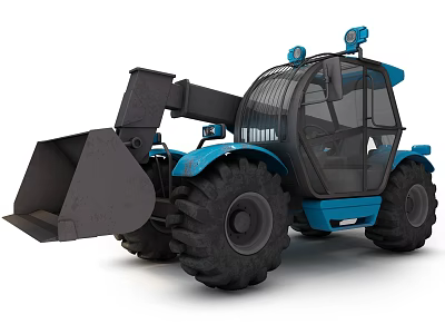 Blue Utility Vehicle Featuring Loader Bucket Large Tires Cab And Roof Lights 3d model