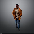 Man Wearing Orange Jacket Beige T-shirt Blue Jeans And Bandana Standing On Gray Background