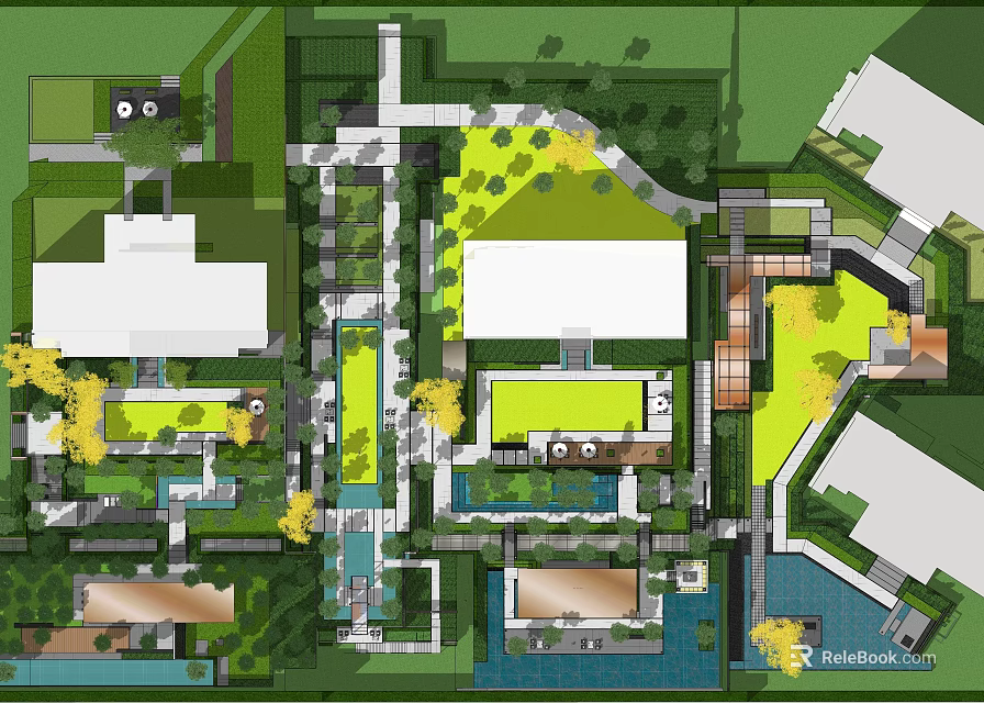 Lush Garden Landscape Layout With Green Spaces Water Features And Walking Paths 3d model 