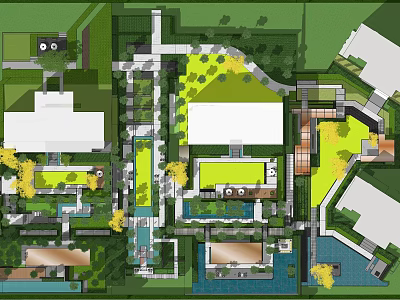 Lush Garden Landscape Layout With Green Spaces Water Features And Walking Paths 3d model