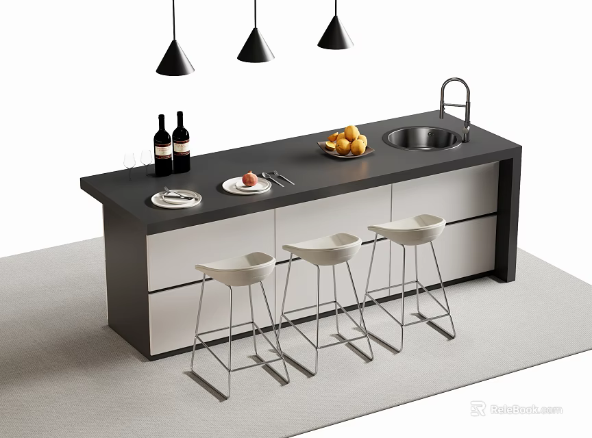 Modern Bar Counter With White Bar Stools Hanging Lights Fruits And Wine Bottles 3d model 