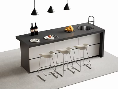 Modern Bar Counter With White Bar Stools Hanging Lights Fruits And Wine Bottles 3d model