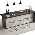 Modern Bar Counter With White Bar Stools Hanging Lights Fruits And Wine Bottles