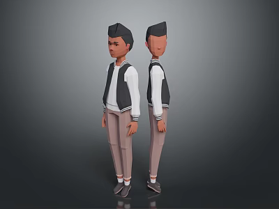 3D Game Movie Character Two Views With White Shirt Black Vest Khaki Pants Gray Shoes 3d model