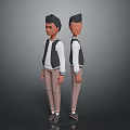 3D Game Movie Character Two Views With White Shirt Black Vest Khaki Pants Gray Shoes