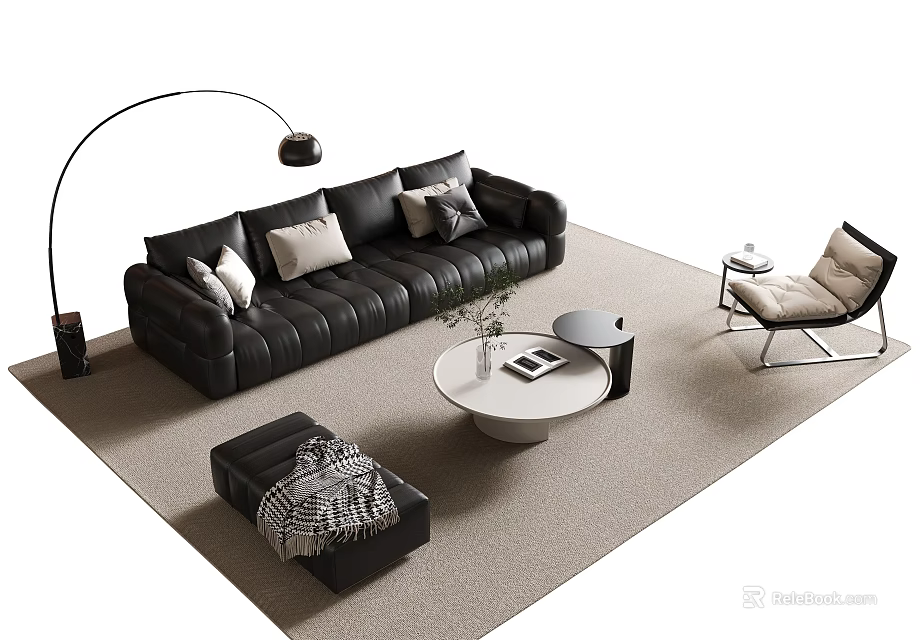 Modern Black Leather Sofa and Round Coffee Table Set with Cushions and Floor Lamp 3d model 