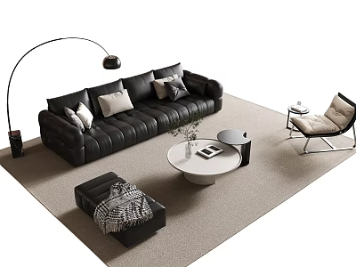 Modern Black Leather Sofa and Round Coffee Table Set with Cushions and Floor Lamp 3d model