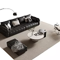 Modern Black Leather Sofa and Round Coffee Table Set with Cushions and Floor Lamp