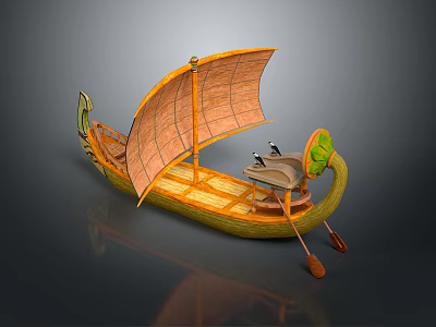 Traditional Wooden Boat With Green Hull Orange Sail Decorative Bow Seats And Oars 3d model