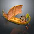 Traditional Wooden Boat With Green Hull Orange Sail Decorative Bow Seats And Oars