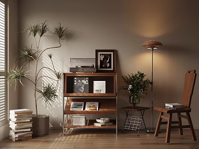 Entryway Side Cabinet With Storage Shelves Potted Plant Floor Lamp Wooden Chair And Decorative Items 3d model