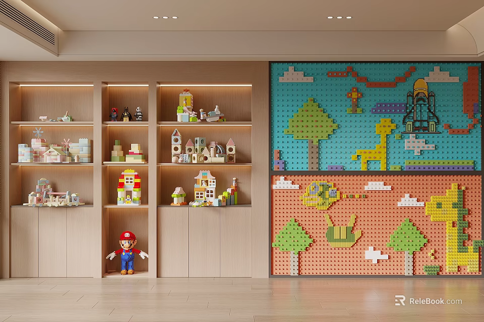Kids Room Wall With Colorful Block Art Tree And Giraffe Patterns And Shelves With Toys 3d model 