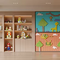 Kids Room Wall With Colorful Block Art Tree And Giraffe Patterns And Shelves With Toys