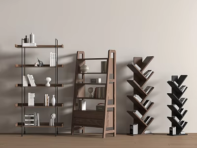 Modern Wooden Bookshelves With Various Open Shelf Designs And Geometric Shapes 3d model