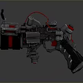 Futuristic Mechanical Weapon With Black Body Red Details And Barrel Design