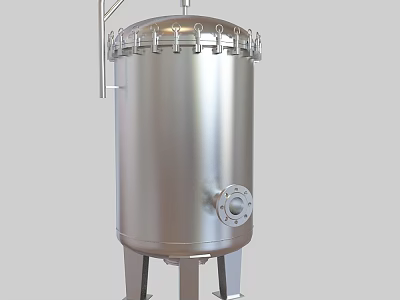 Silver Metal Industrial Pressure Vessel With Top Bolted Lid And Base Stand 3d model