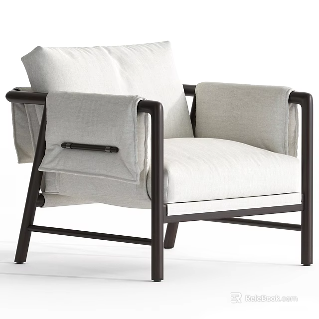 Modern Minimalist Leisure Chair With Black Metal Frame Light Fabric Upholstery And Wrapped Armrests 3d model 