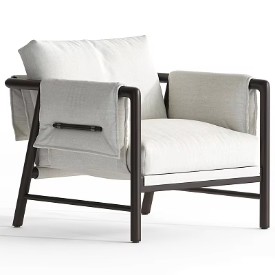 Modern Minimalist Leisure Chair With Black Metal Frame Light Fabric Upholstery And Wrapped Armrests 3d model