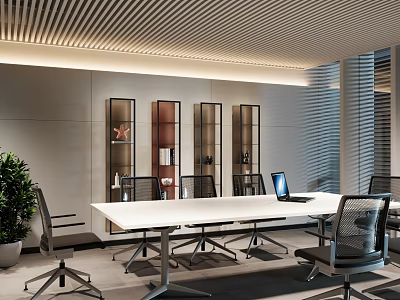 Modern Conference Room With White Table Ergonomic Chairs And Shelving Units 3d model