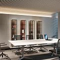 Modern Conference Room With White Table Ergonomic Chairs And Shelving Units