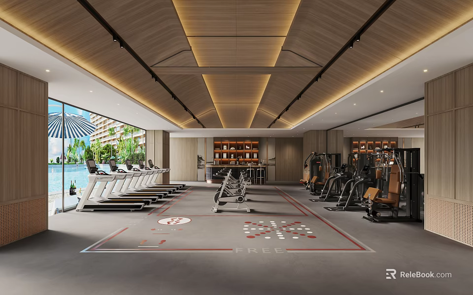 Modern Fitness Gym Interior With Treadmills Weights Equipment And Free Logo On Floor 3d model 