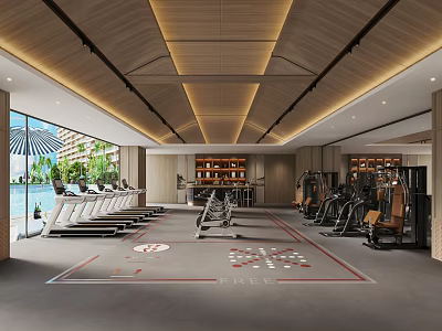 Modern Fitness Gym Interior With Treadmills Weights Equipment And Free Logo On Floor 3d model