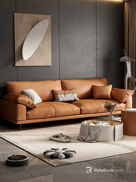 Brown Leather Two-Seater Sofa With Throw Pillows Side Table Rug And Decorative Painting 3d model 